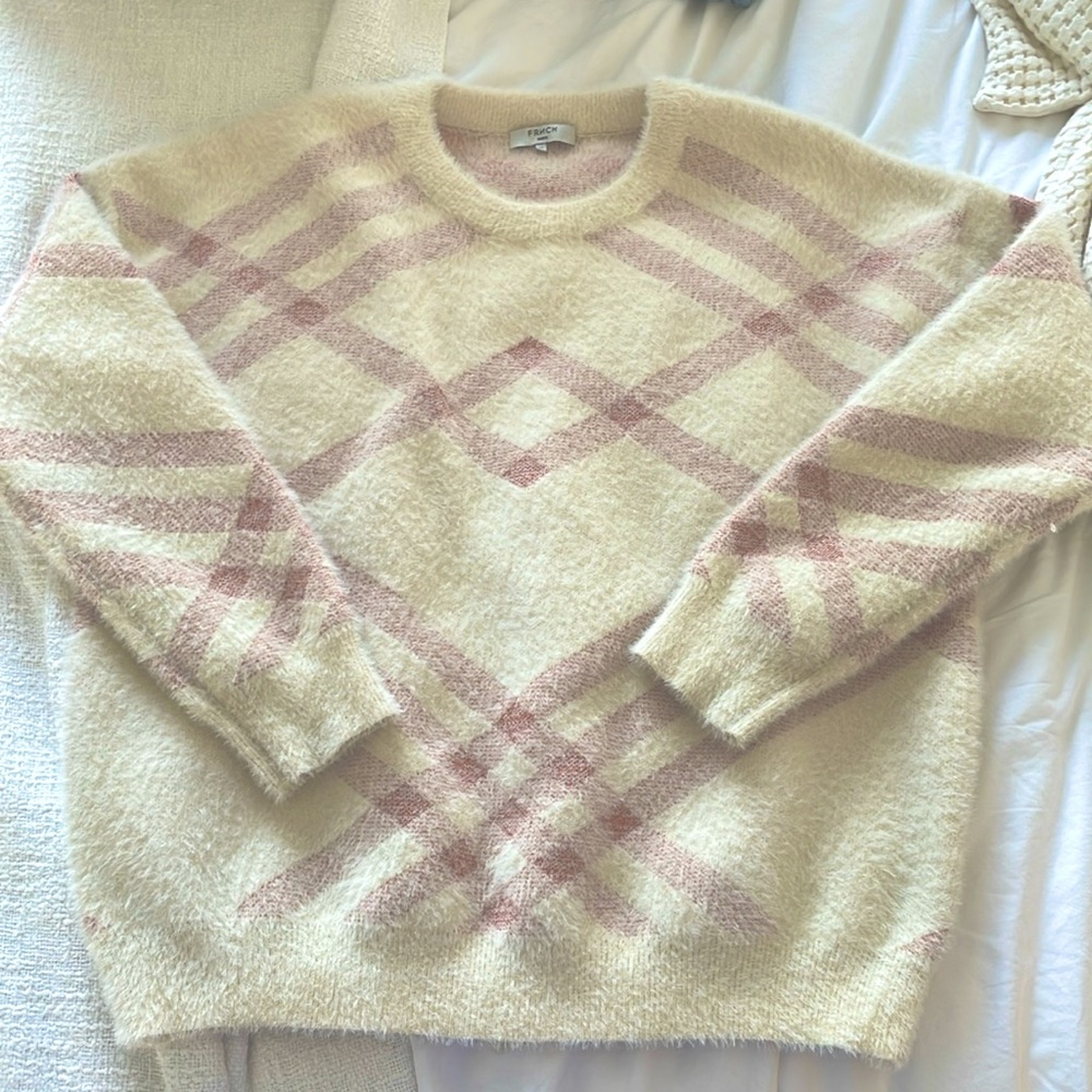 FRNCH sweater cream with soft red plaid with gold detail